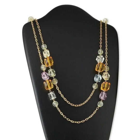 Super Long Chunky Gold Chain Amber Clear Faceted Acrylic Beads Necklace - Picture 3 of 3